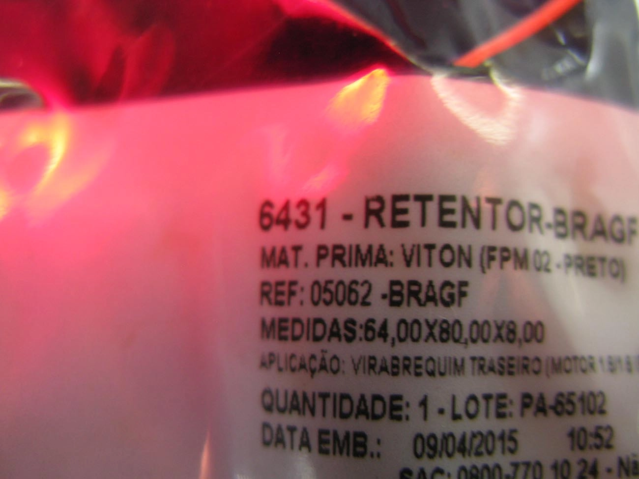 RETENTOR MOTOR FIAT UNO/PREMIO/ELBA/FIORINO/TIPO 1.6 - TRASEIRO