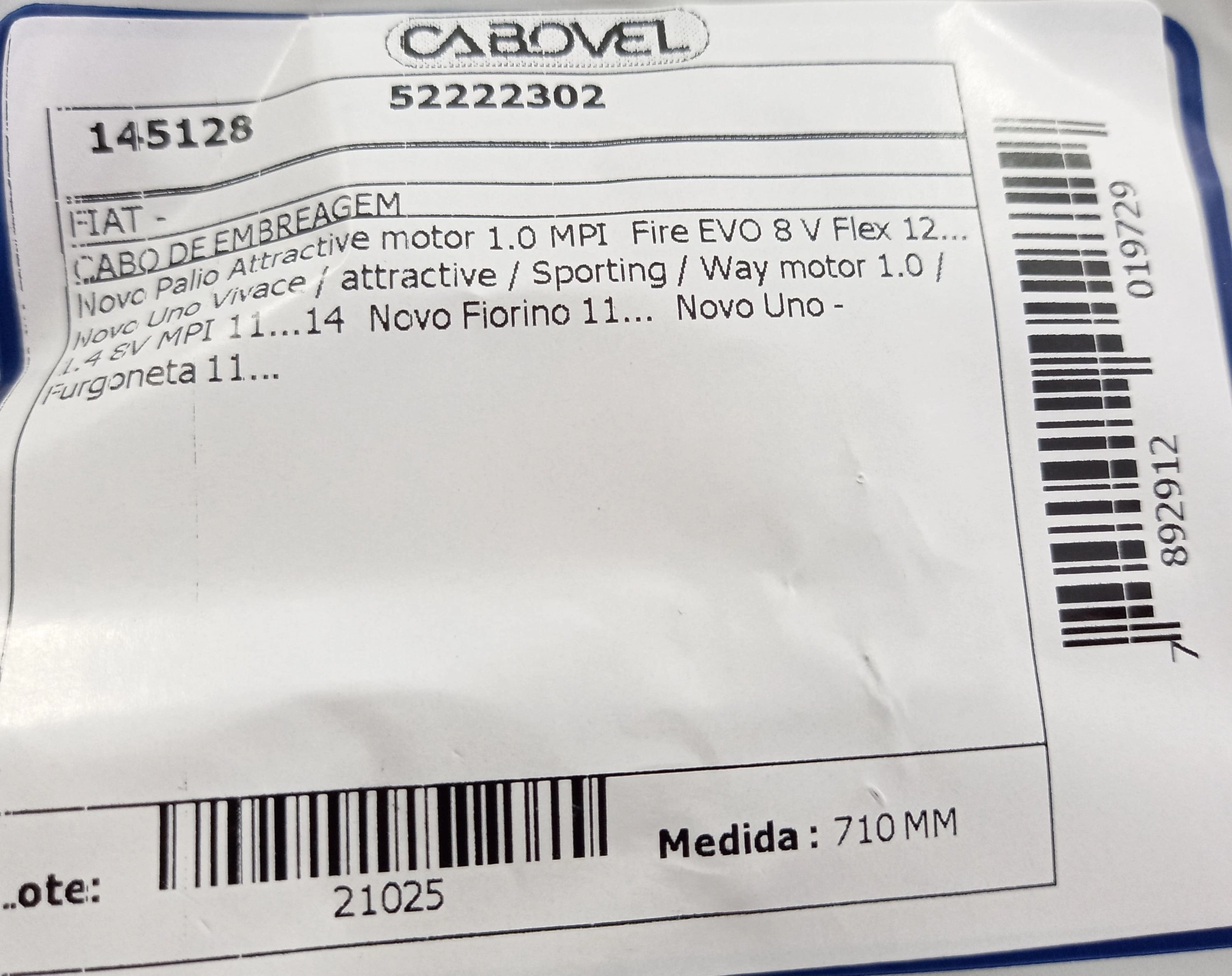CABO EMBREAGEM FIAT NOVO UNO/NOVO PALIO 1.0/1.4 2012/ - TODOS - NOVA FIORINO 11/ 710MM