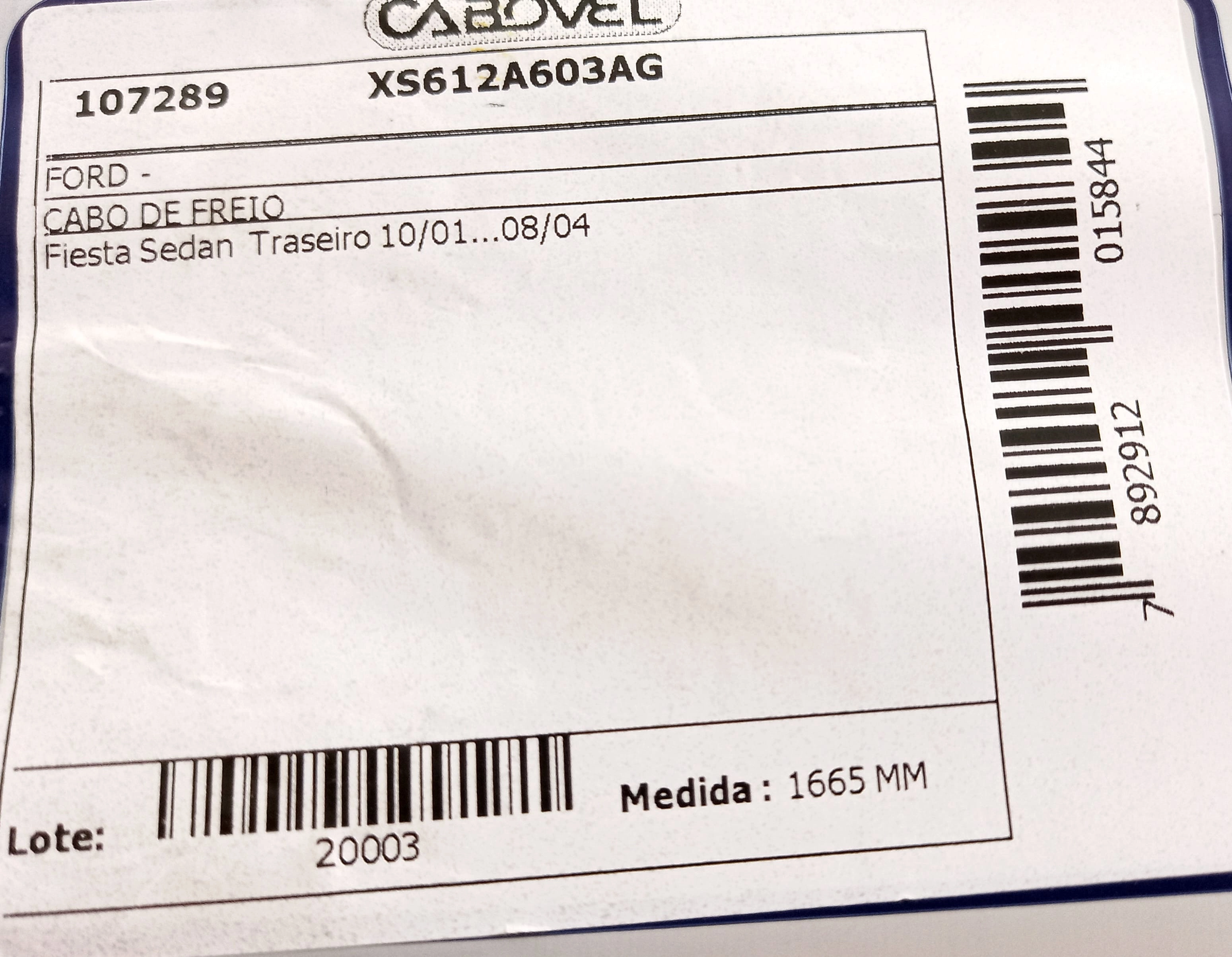 CABO FREIO FORD FIESTA SEDAN STREET 2001/2004 - TRASEIRO 1665MM