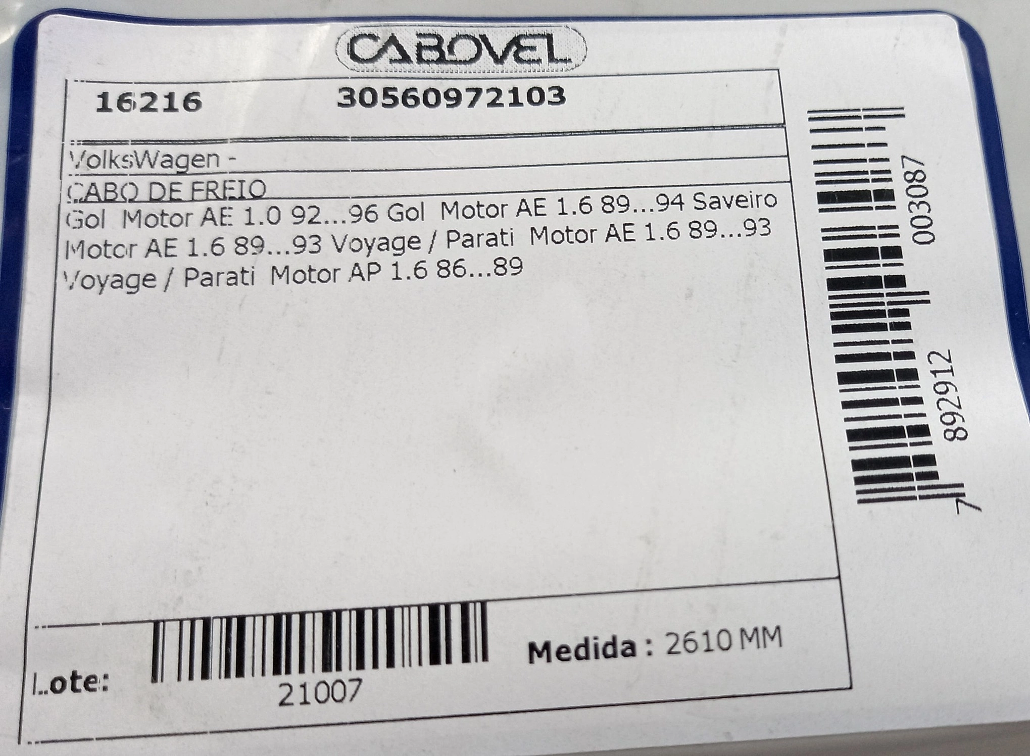 CABO FREIO TRASEIRO 2610MM VW GOL/VOYAGE/PARATI MOTOR 1.0/1.6 89/96 2610