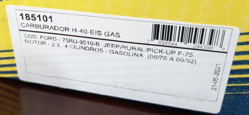 CARBURADOR BROSOL 40-EIS WILLYS F-75/JEEP/RURAL 75/ -  GASOLINA 4 CILINDROS - MOTOR 2300