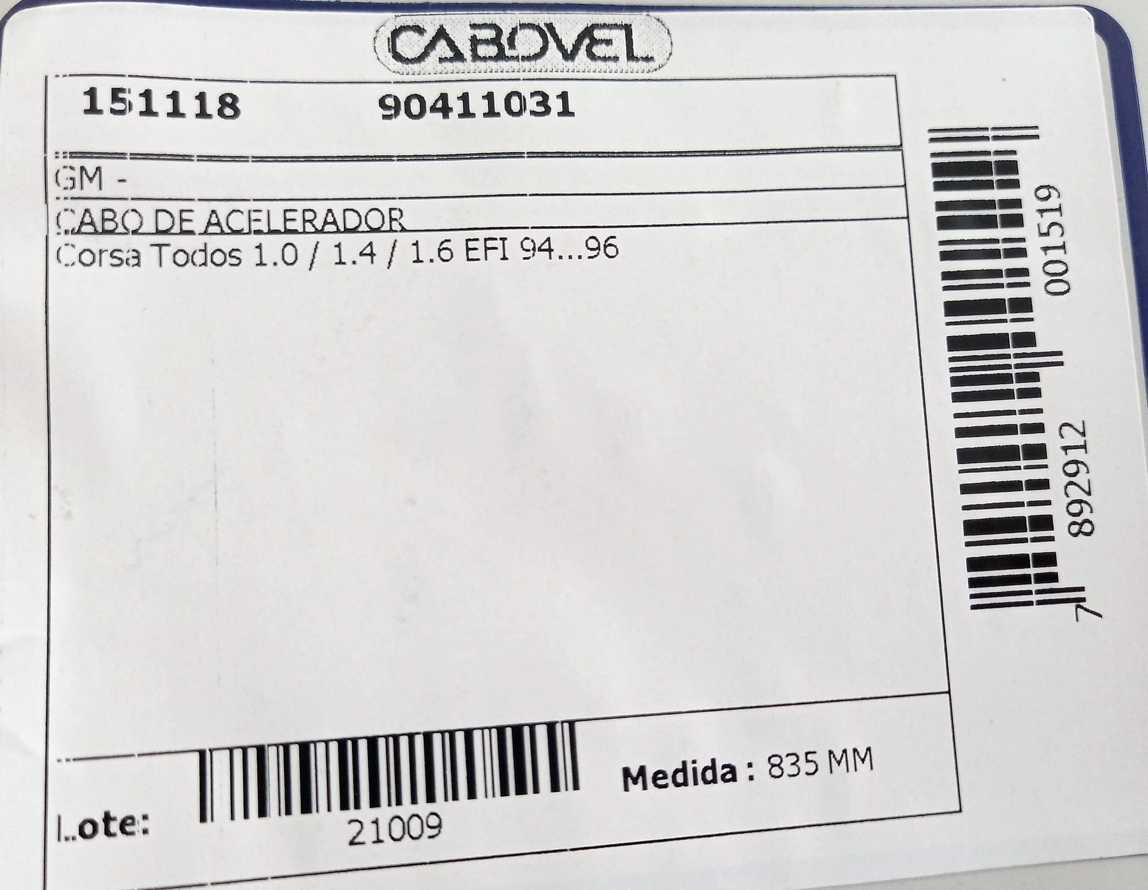 CABO ACELERADOR 835MM GM CORSA TODOS 1.0/1.4/1.6 EFI 94/96 835