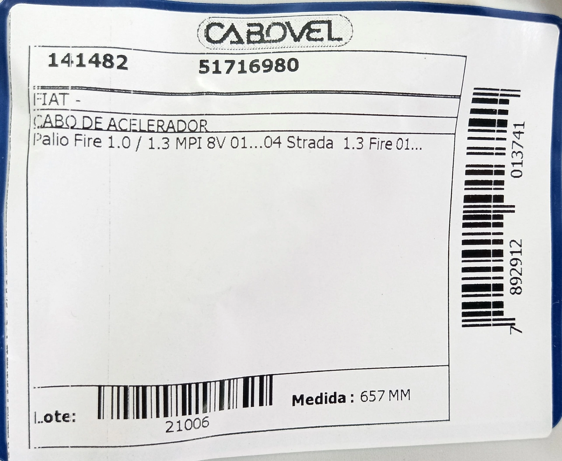 CABO ACELERADOR 657MM FIAT PALIO FIRE 1.0 8V 01/13