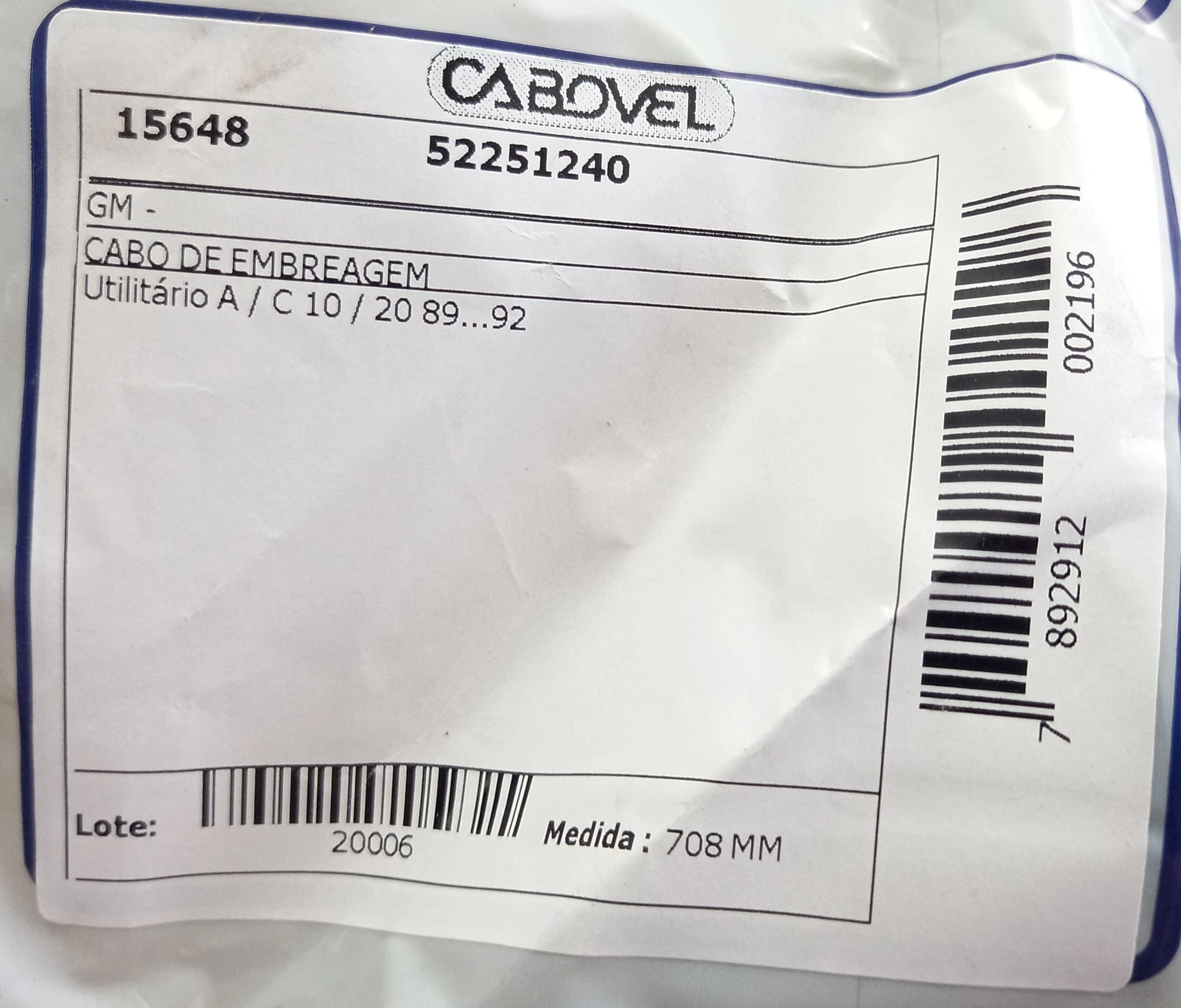 CABO EMBREAGEM GM A/C-10/20 89/92 708