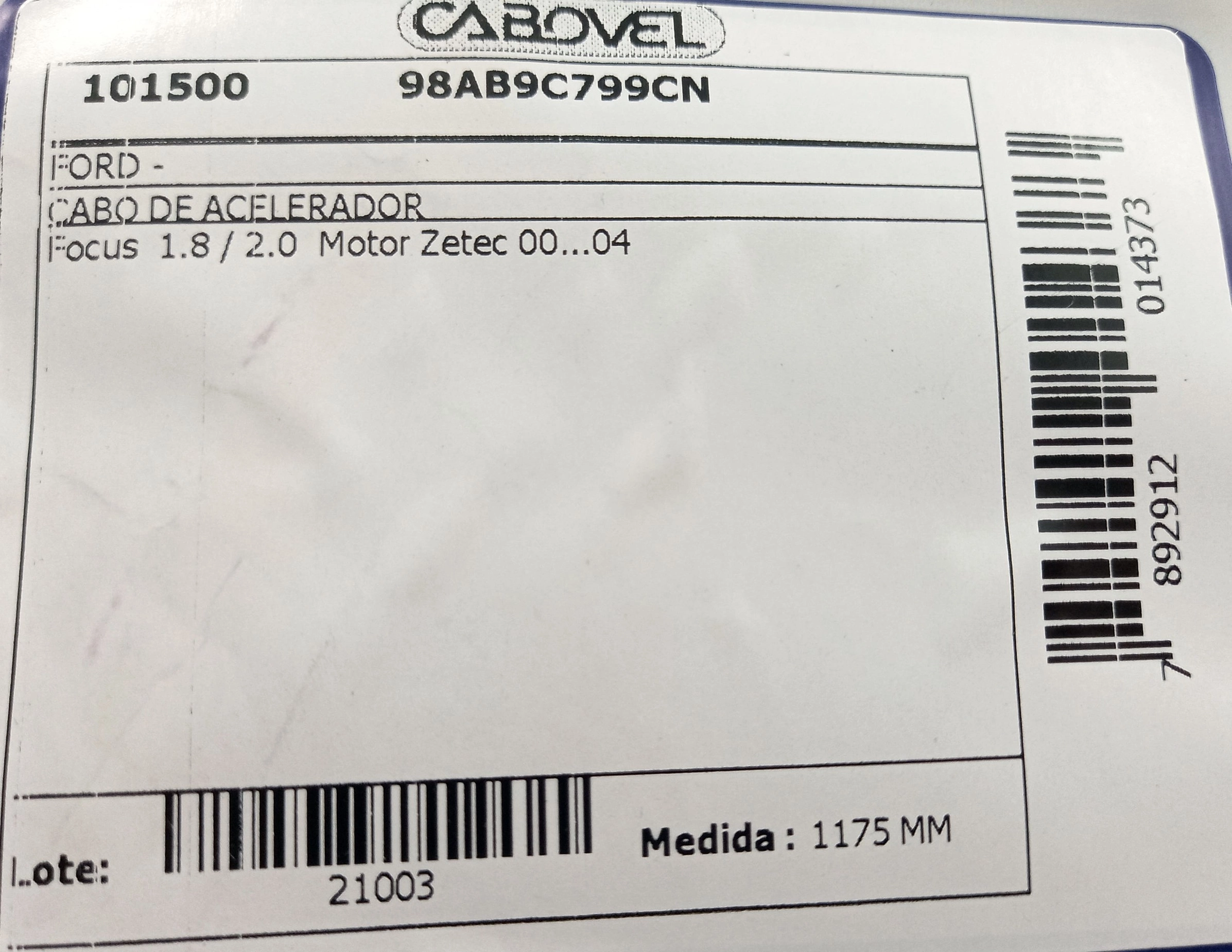 CABO ACELERADOR MOTOR ZETEC 1175MM FORD FOCUS 1.8/2.0 2000/2003