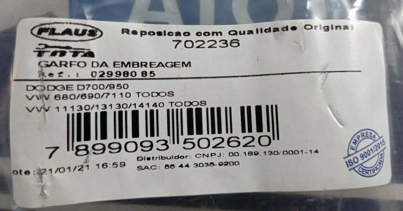 GARFO EMBREAGEM VW 6.80/6.90/7.90S/7.110S/11.130/13.130/14.140 - DODGE D700/D950