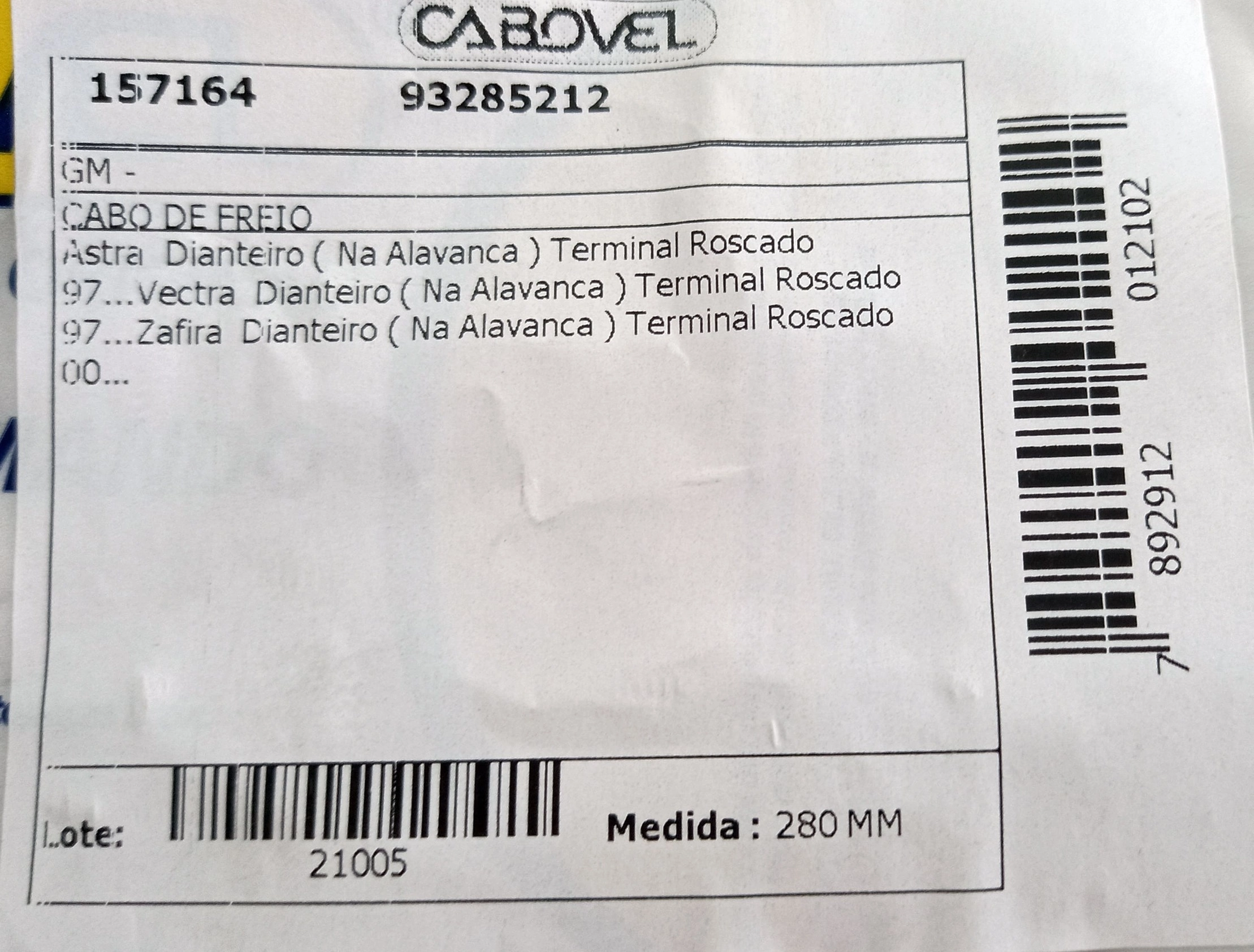 CABO FREIO DIANTEIRO TERMINAL COM ROSCA 280MM ALAVANCA GM ASTRA 97/ VECTRA ZAFIRA 00/