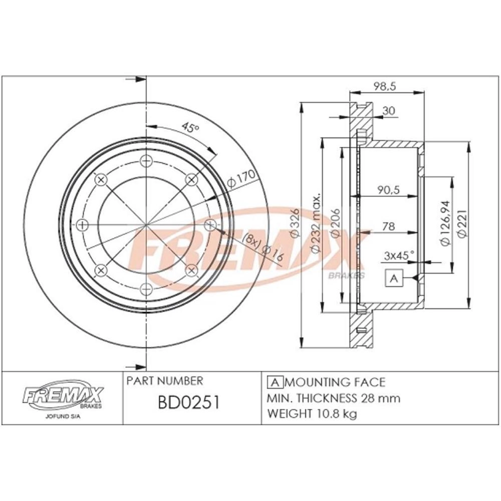 DISCO FREIO TRASEIRO VENTILADO 326MM 8 FUROS FORD F-250/350 98/
