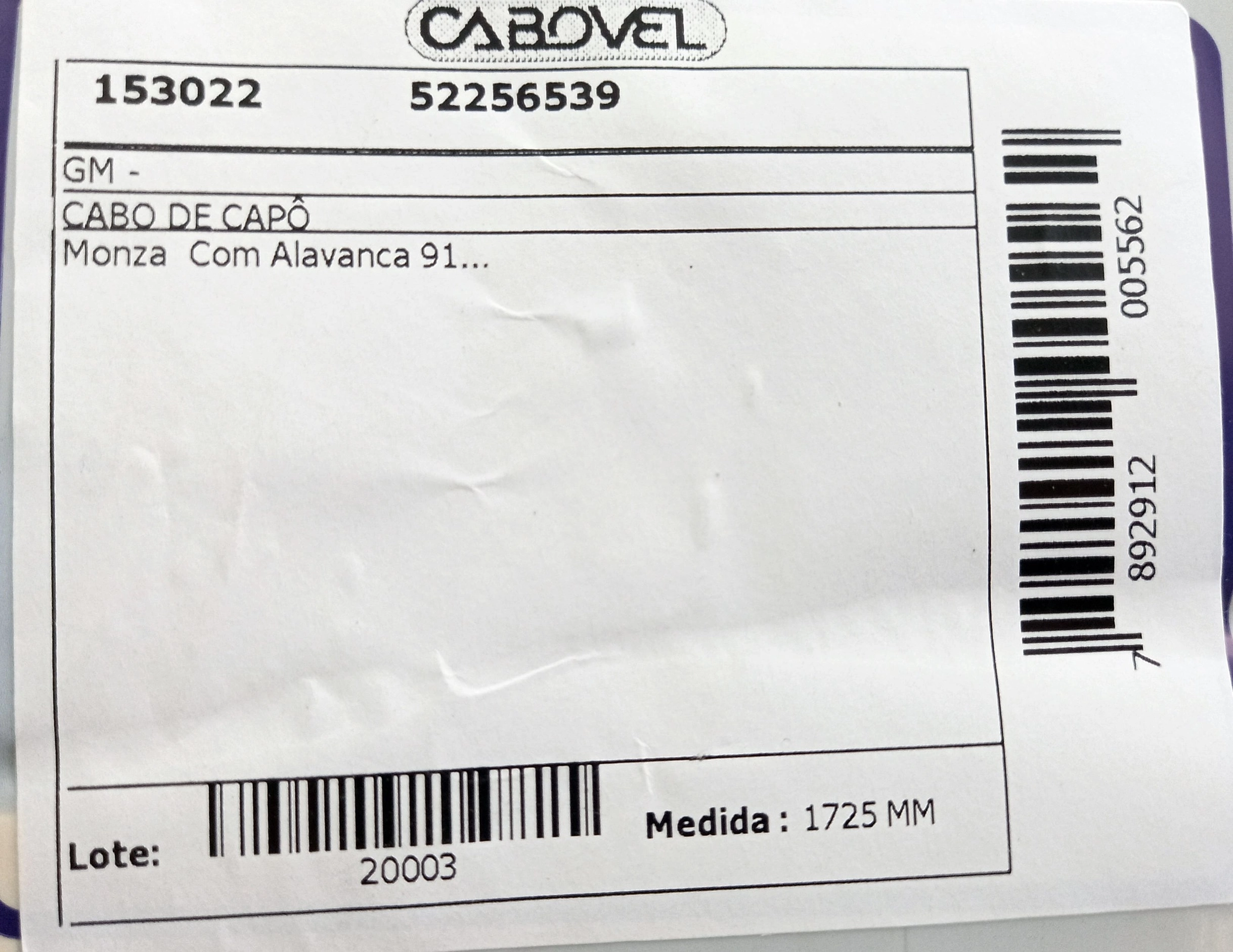 CABO CAPÔ COM ALAVANCA 1725MM CAPO GM MONZA 91/ 1725