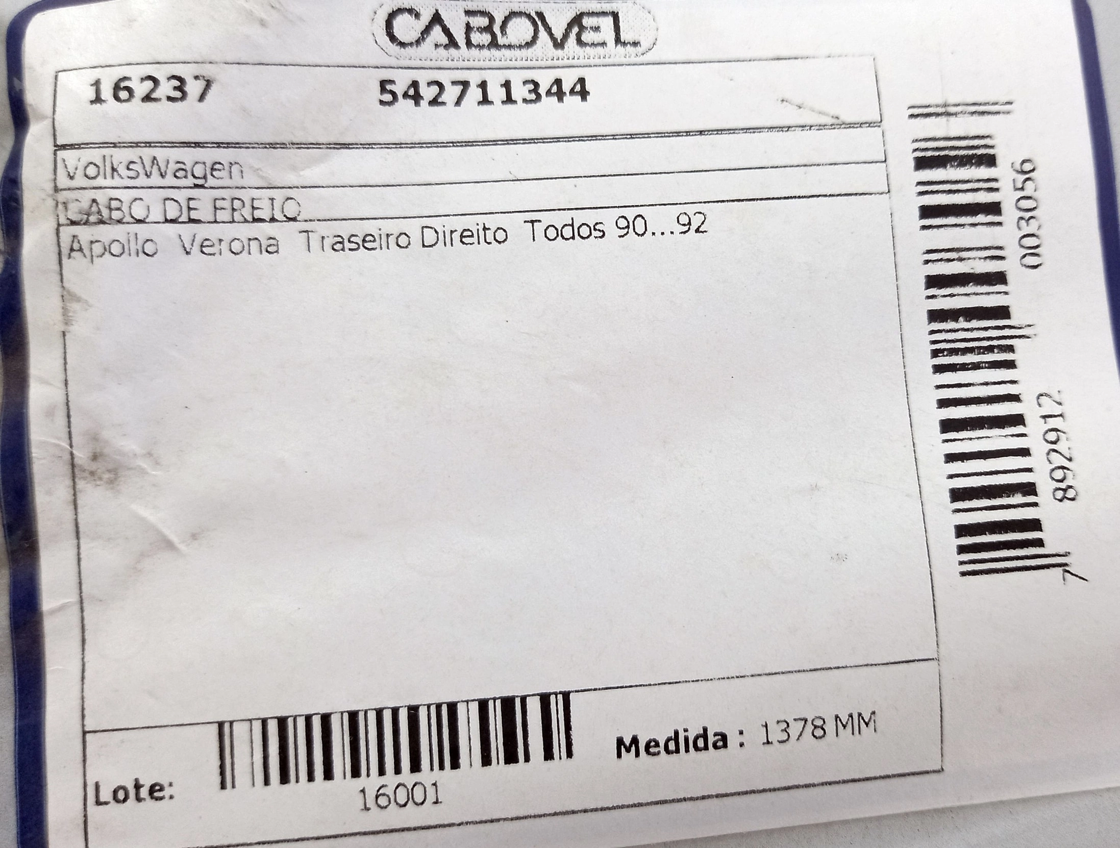 CABO FREIO VW APOLLO TRASEIRO DIREITO - TODOS 90/92