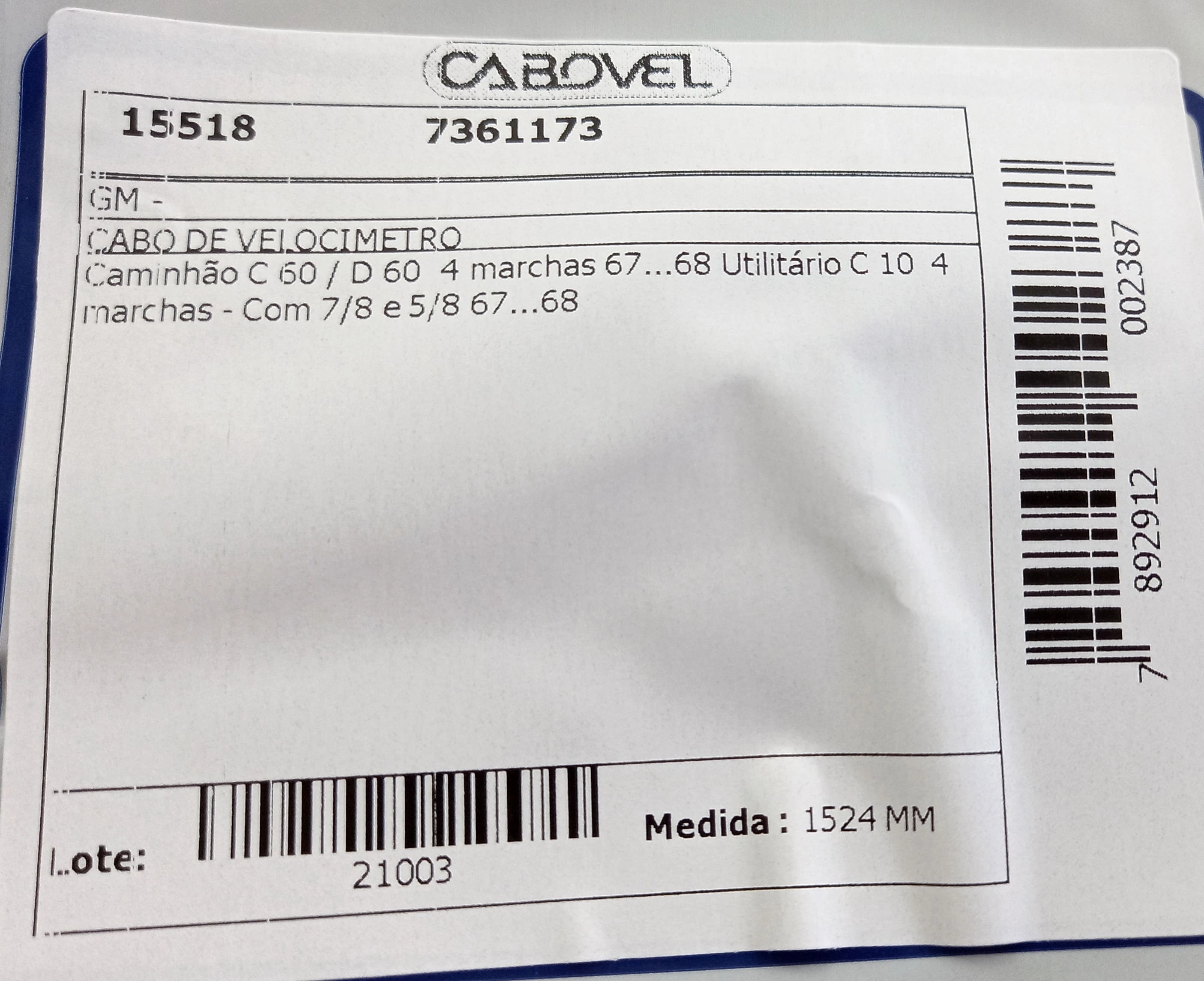 CABO VELOCIMETRO GM C-10 - 4 MARCHAS - CAMINHOES C/D-60 4 MARCHAS 67/68 1524