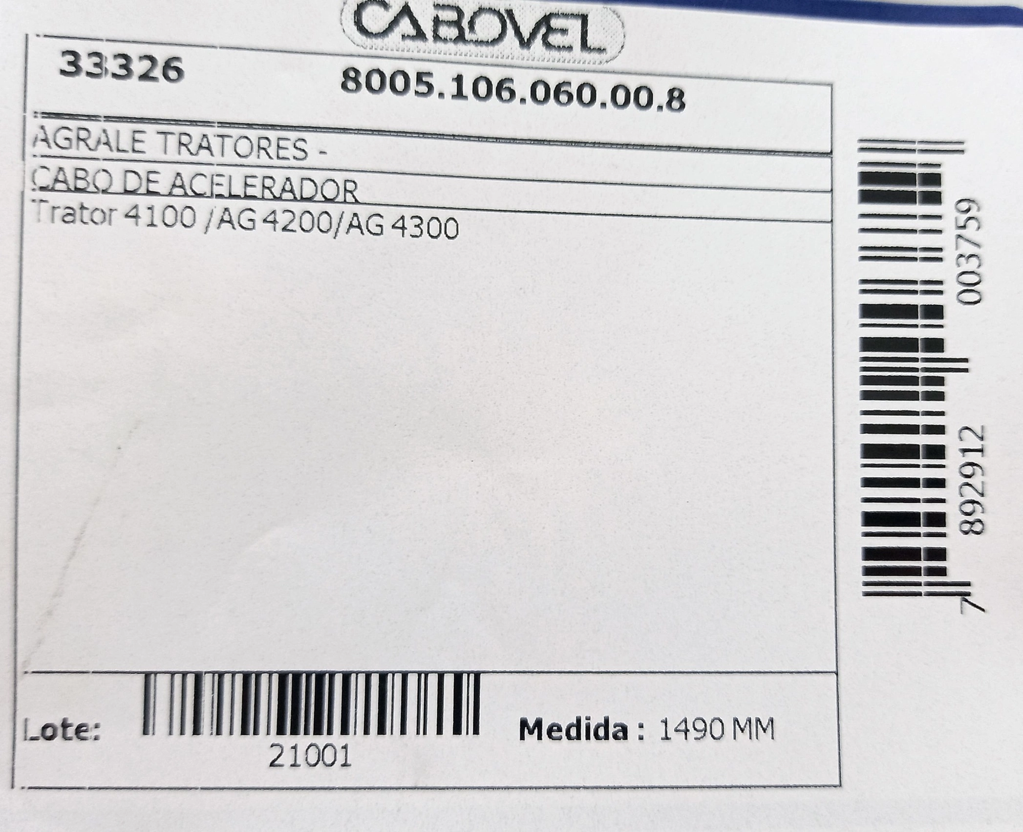 CABO ACELERADOR 1490MM AGRALE TRATOR 4100/AG 4200/AG 4300 1490