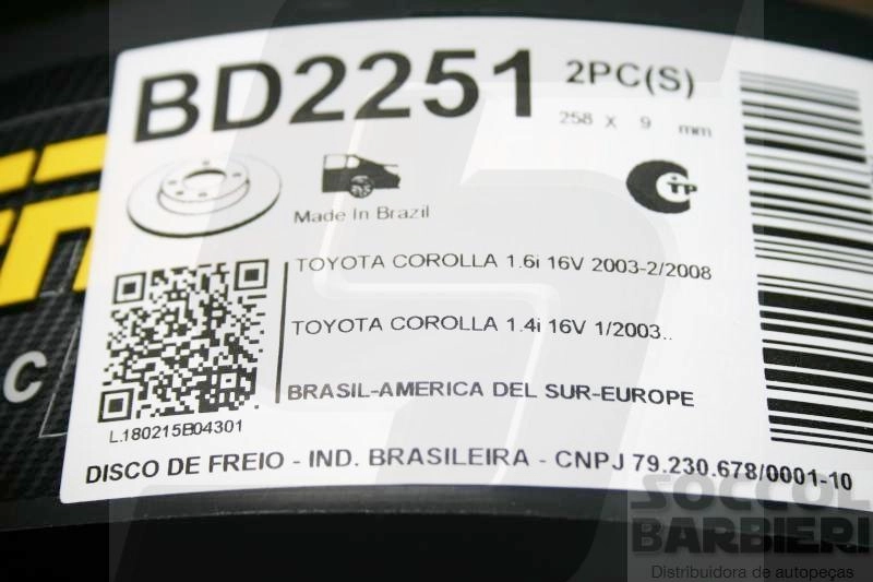 DISCO FREIO TRASEIRO SÓLIDO 258MM 4 FUROS TOYOTA COROLLA/FIELDER 1.6/1.8 2003/2008