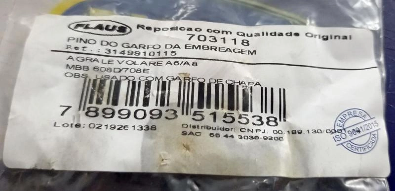 PINO DO GARFO DA EMBREAGEM AGRALE VOLARE A6/A8 MB 608D/708E
