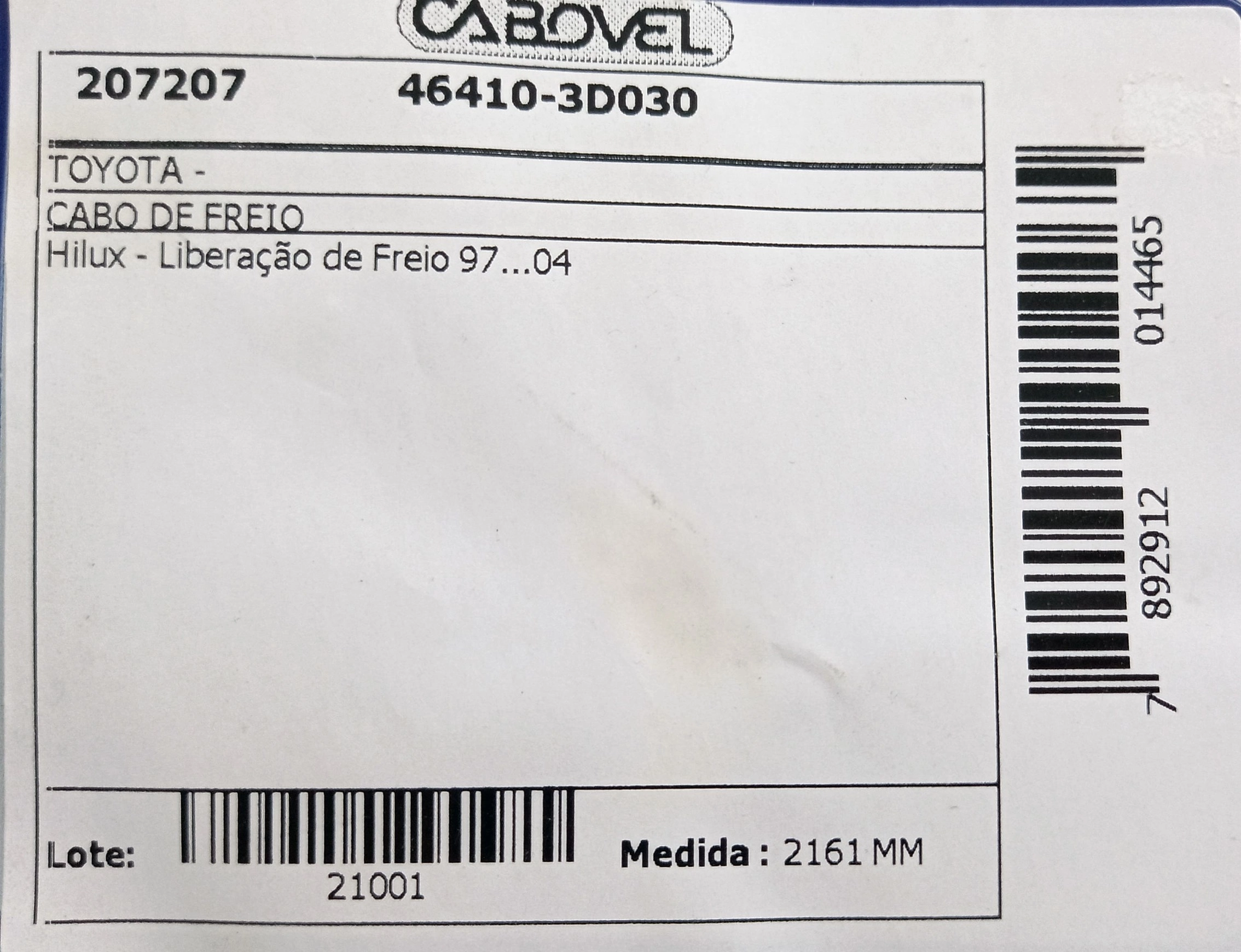 CABO DE LIBERAÇÃO DO FREIO TOYOTA HILUX 1997/2004 - 2161MM