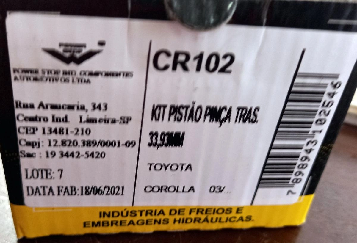 REPARO COM PISTÃO PINÇA FREIO TRASEIRA 34MM TOYOTA COROLLA 2003/ - SEM PINOS - UM LADO
