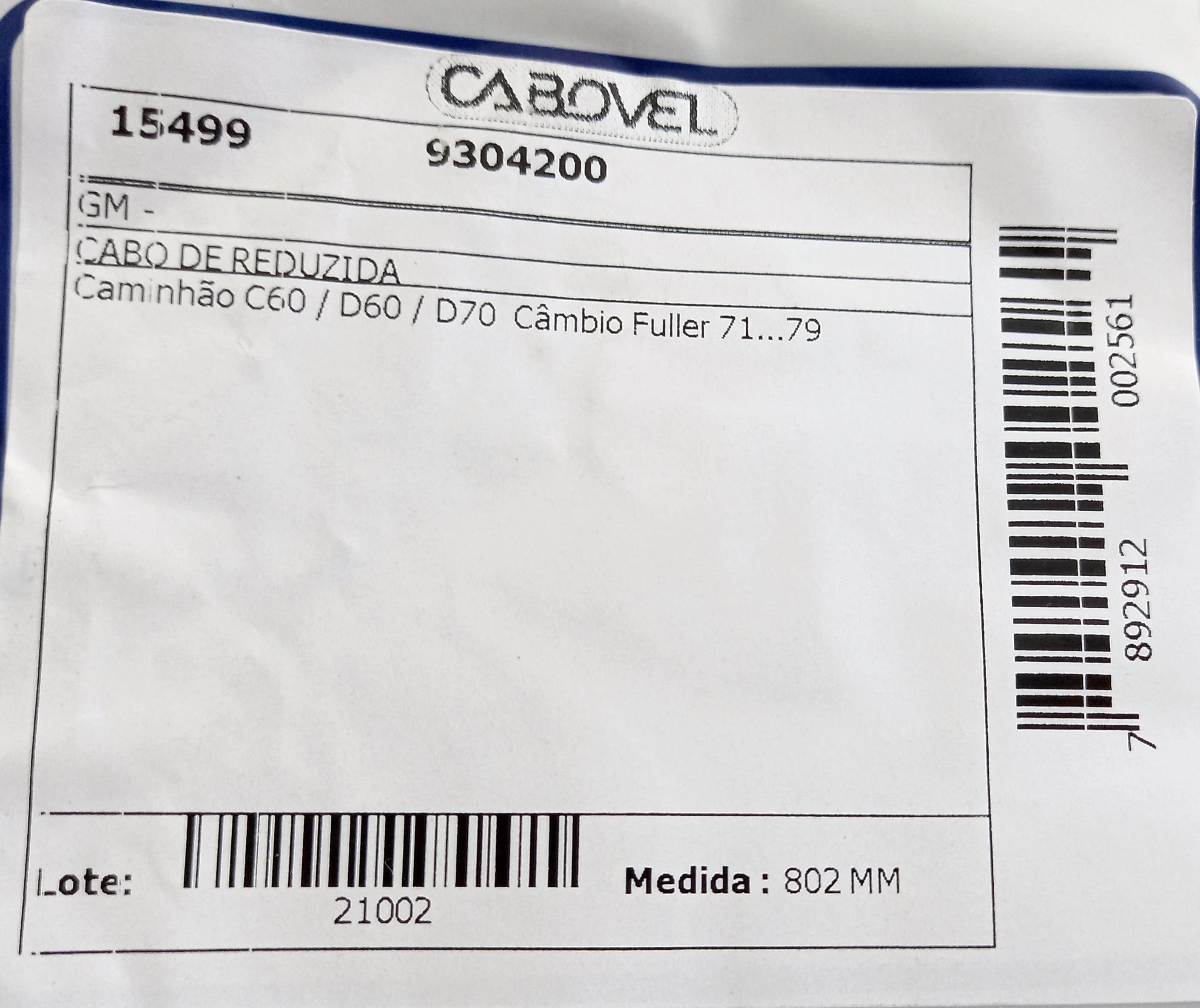 CABO REDUZIDA GM CAMINHOES C-60/D-60/D-70 - CAMBIO FULLER 71/79 802