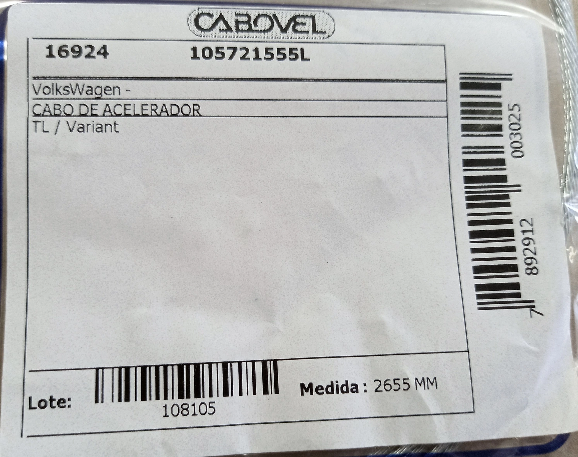 CABO ACELERADOR 2655MM VW TL/VARIANT 2655