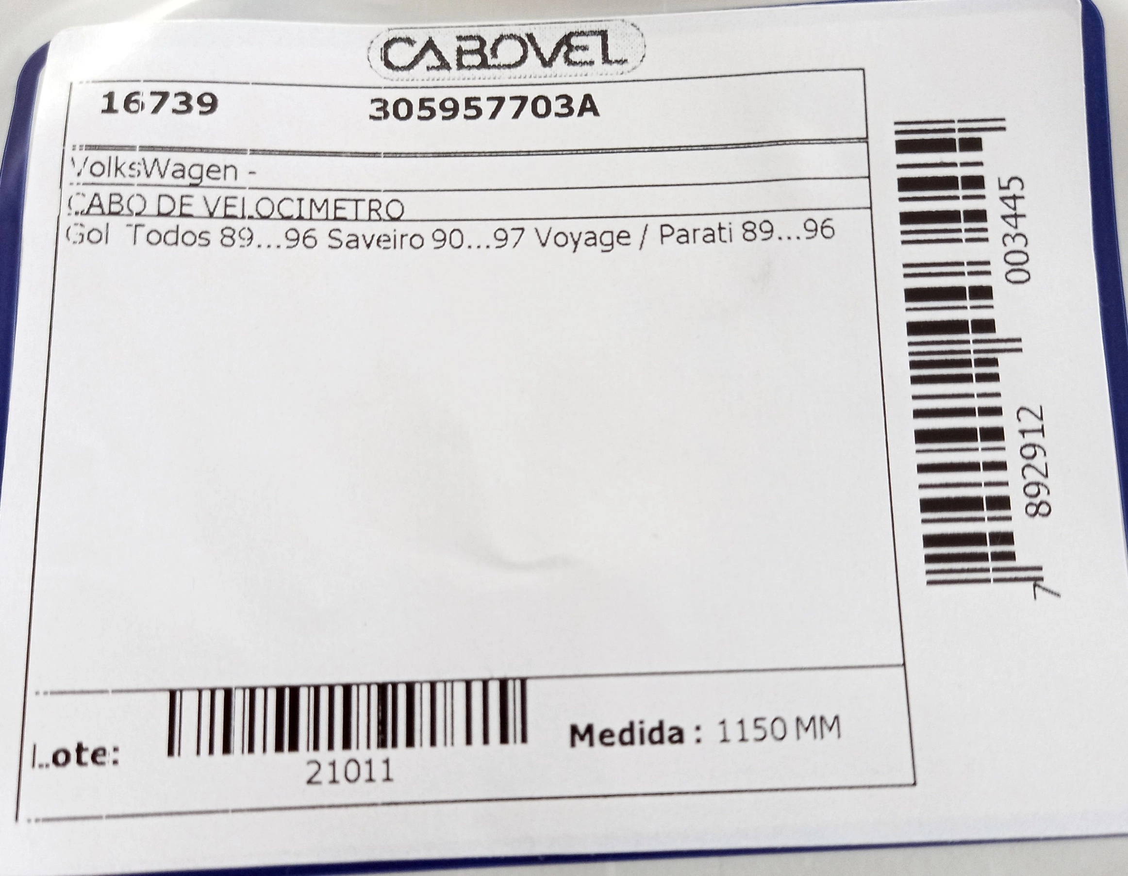 CABO VELOCIMETRO VW GOL/VOYAGE/PARATI - TODOS 89/96 - SAVEIRO 90/97 1