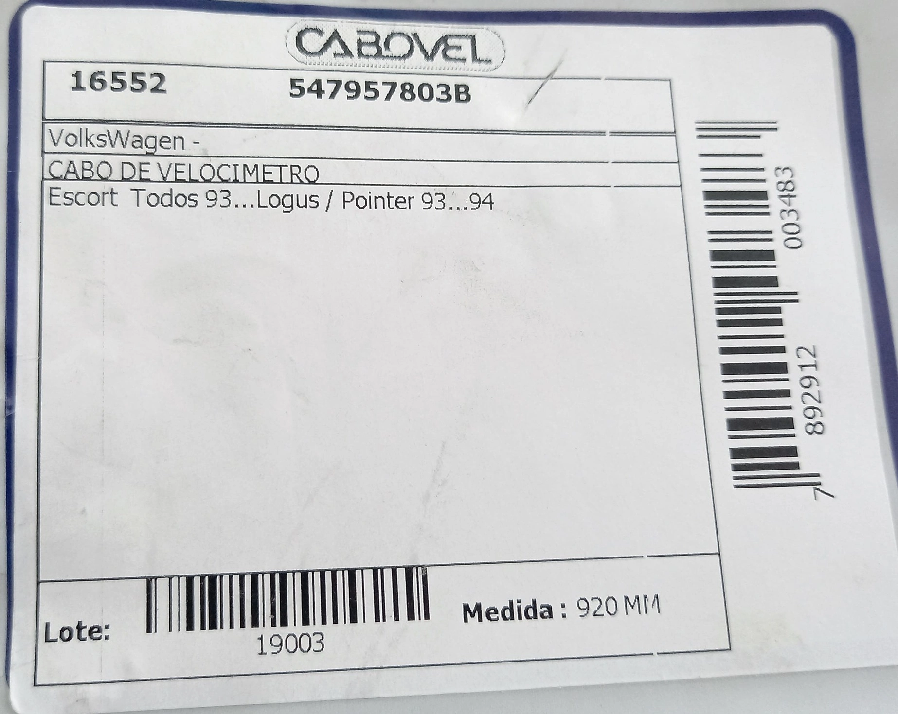 CABO VELOCIMETRO VW LOGUS/POINTER 93/94 920