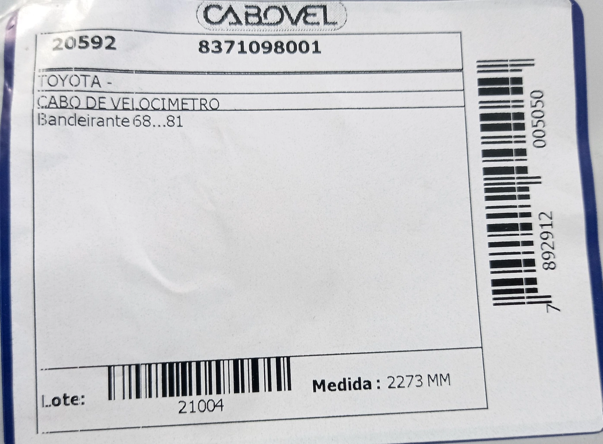 CABO VELOCIMETRO TOYOTA BANDEIRANTE 68/81 - 2273MM