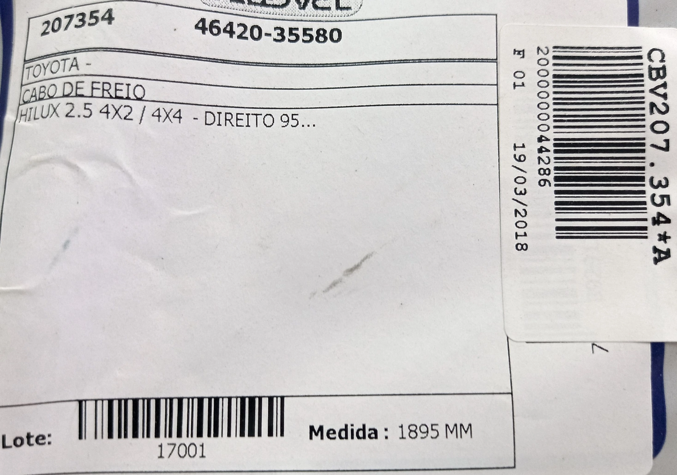 CABO DE FREIO TRASEIRO DIREITO TOYOTA HILUX 1995/2004 4X2/4X4 - 1895MM
