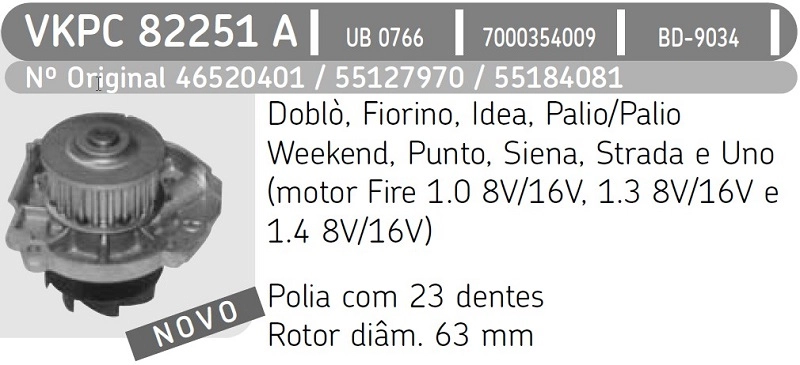 BOMBA ÁGUA MOTOR FIRE FIAT UNO/PALIO/SIENA/STRADA/DOBLO 1.0/1.3/1.4 8/16V TODOS