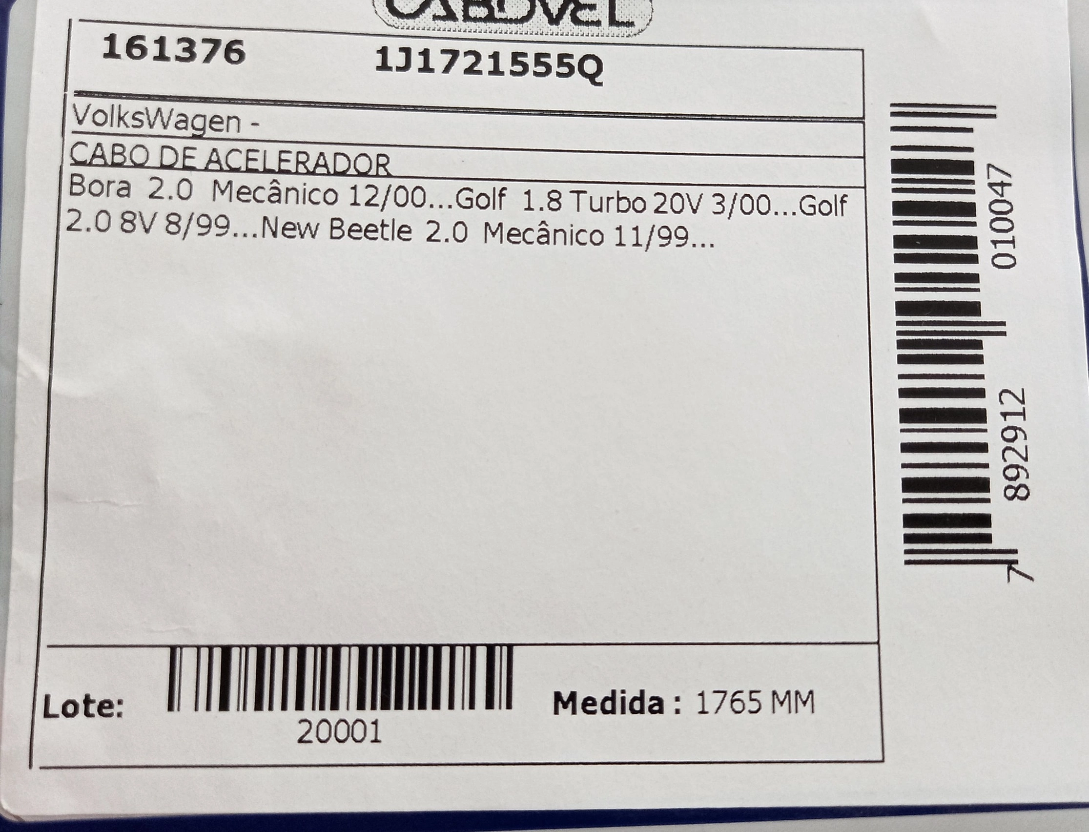CABO ACELERADOR 1765MM VW GOLF 1.8 20V TURBO 03.00/ GOLF/BORA/NEW B
