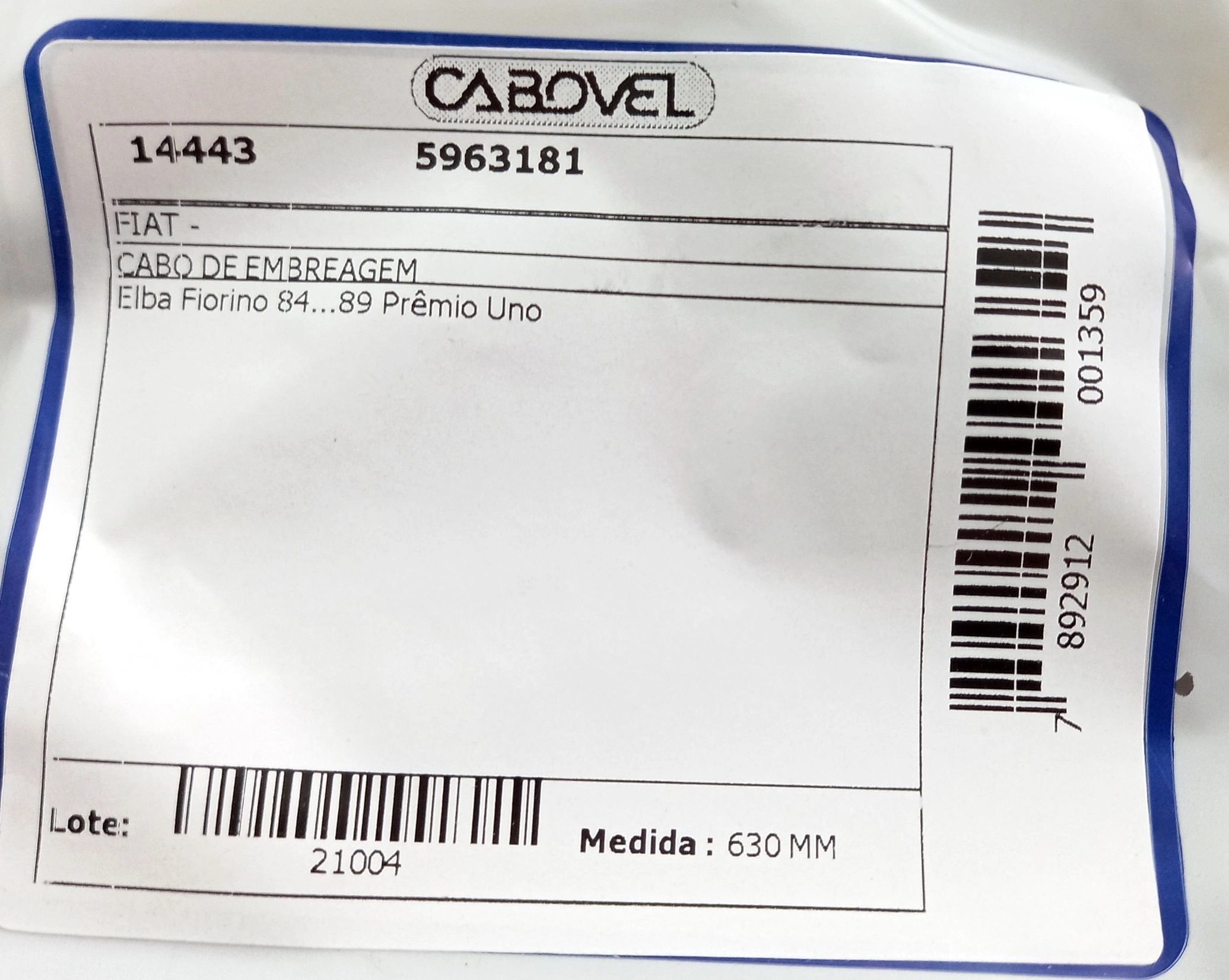 CABO DE EMBREAGEM FIAT UNO/PREMIO/ELBA/FIORINO 1984/1989 - 630MM