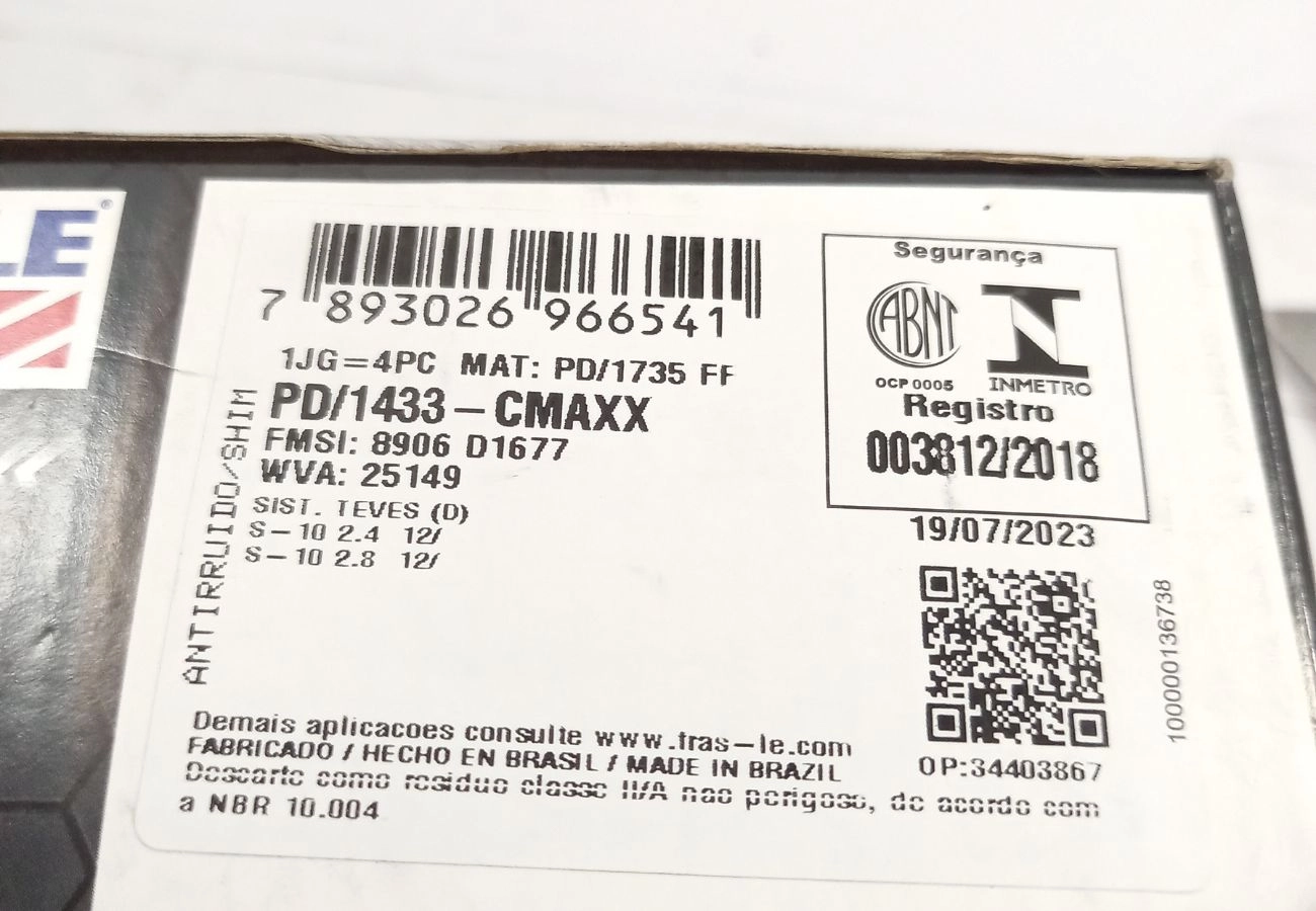 PASTILHA DE FREIO DIANTEIRA GM NOVA S-10 2.4/2.8 2012/2016 - TRAILBLAZER 2013/