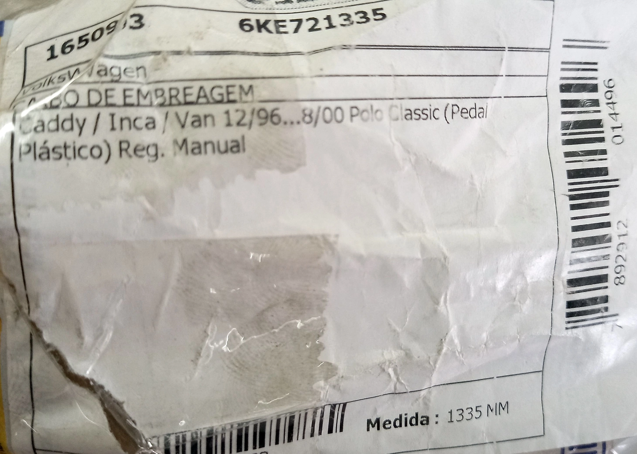 CABO EMBREAGEM REGULAGEM MANUAL 1335MM PEDAL PLÁSTICO VW POLO CLASSIC 96/00