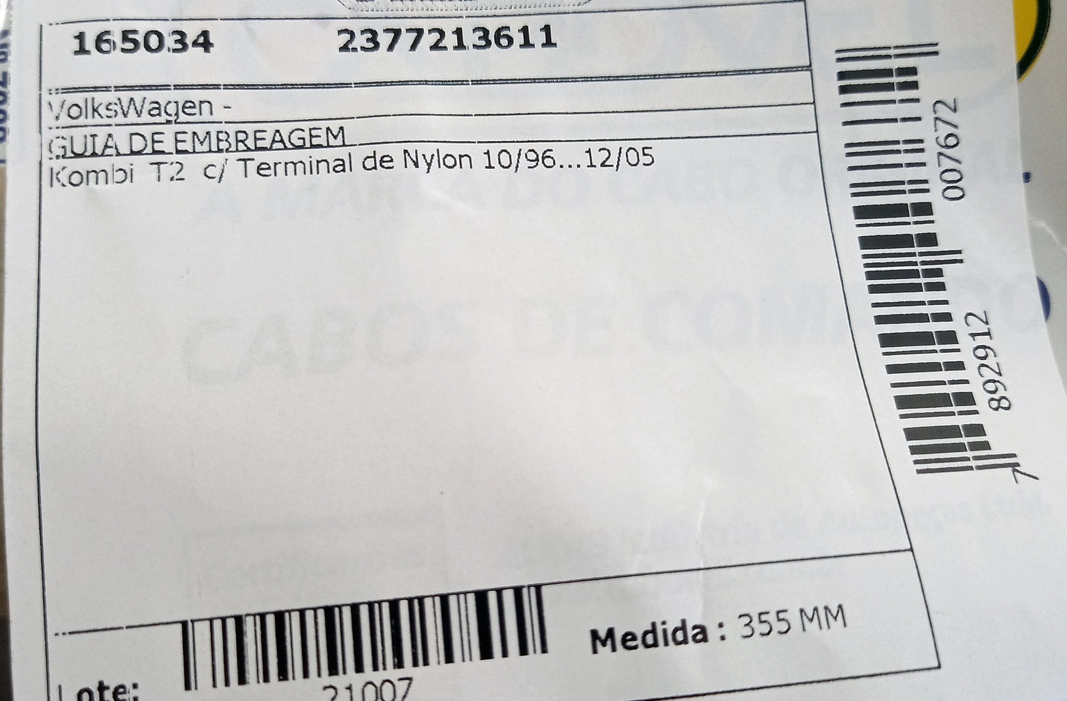 FLEXIVEL EMBREAGEM VW KOMBI T2 97/2005 - C/TERMINAL DE NYLON 355MM