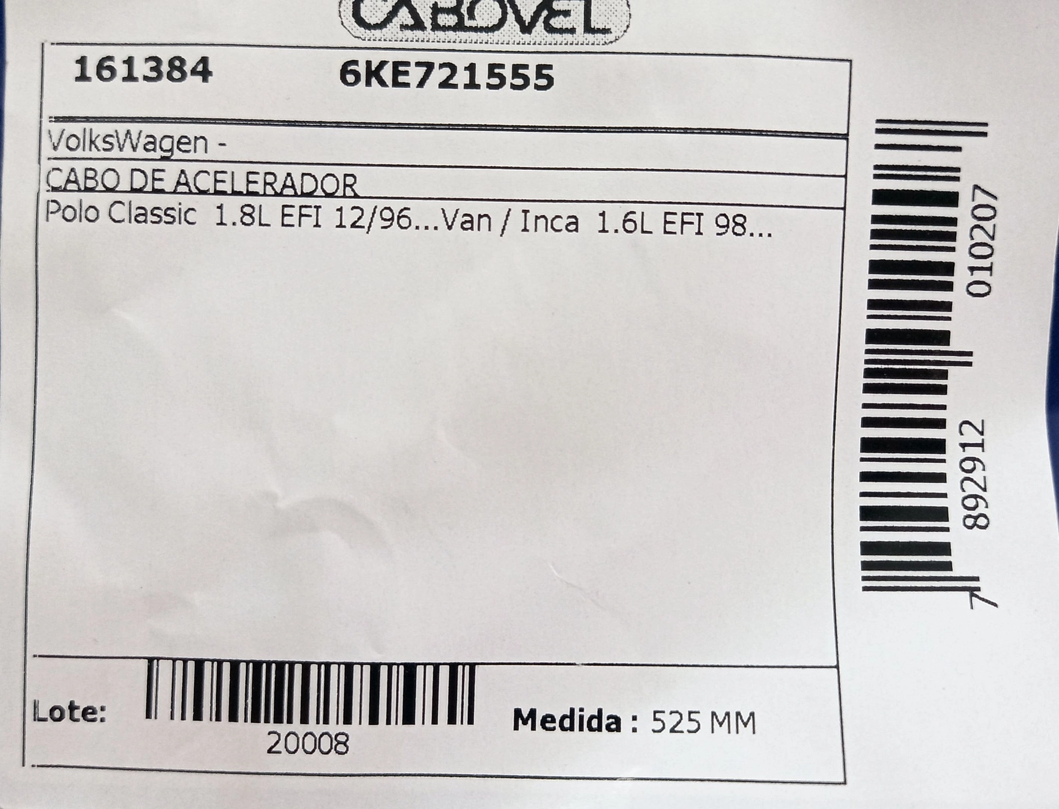 CABO ACELERADOR 525MM VW POLO CLASSIC/VAN 97/ 525