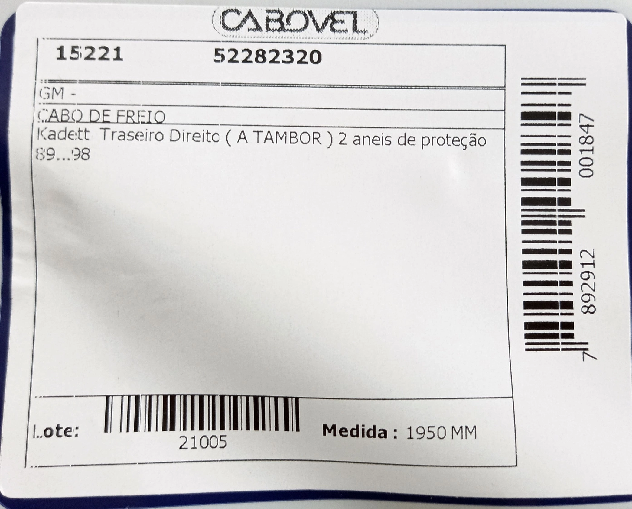 CABO FREIO TRASEIRO DIREITO 1950MM GM KADETT TODOS A TAMBOR 89/98 1950