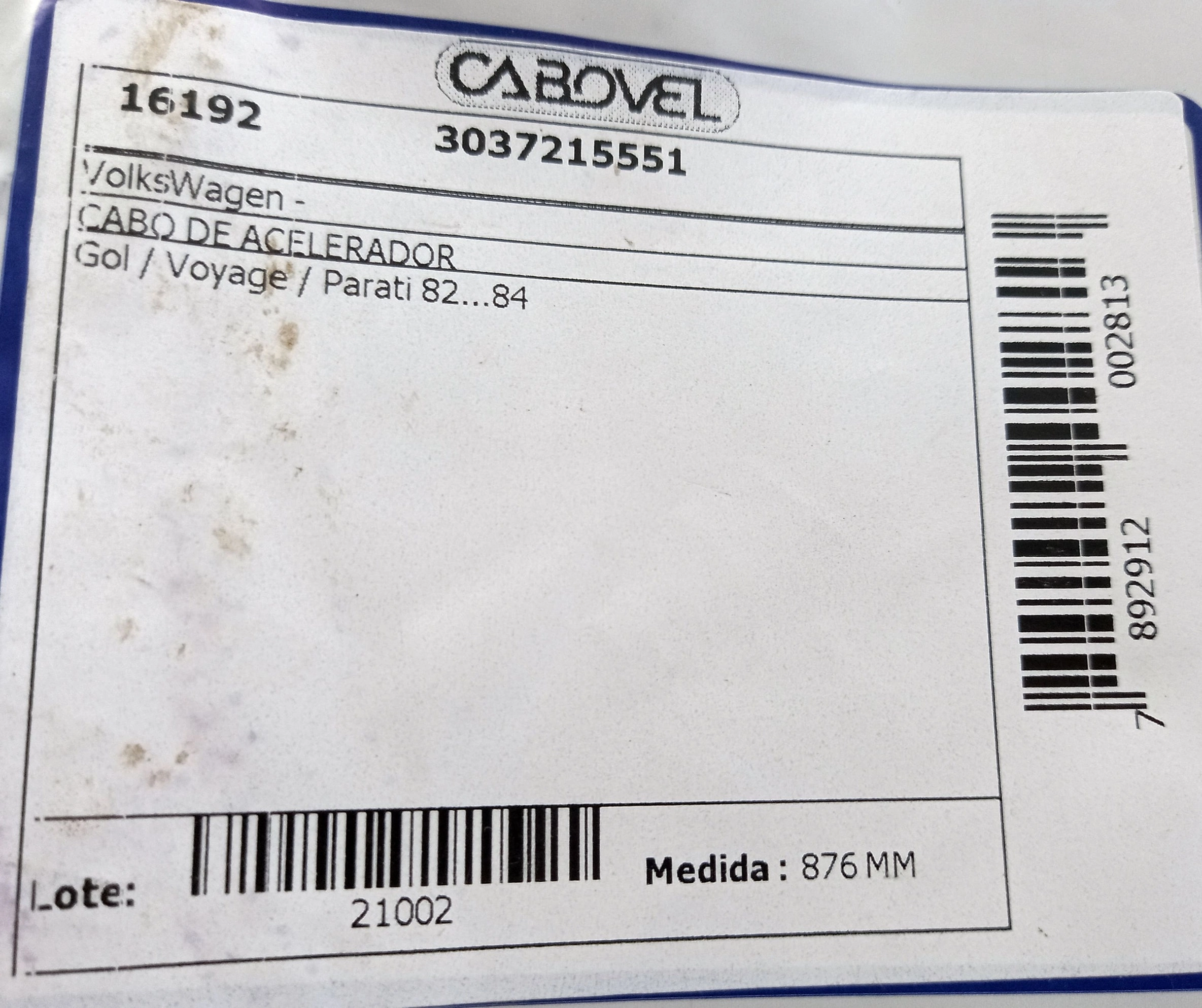 CABO ACELERADOR 876MM VW GOL/VOYAGE/PARATI 82/84 876