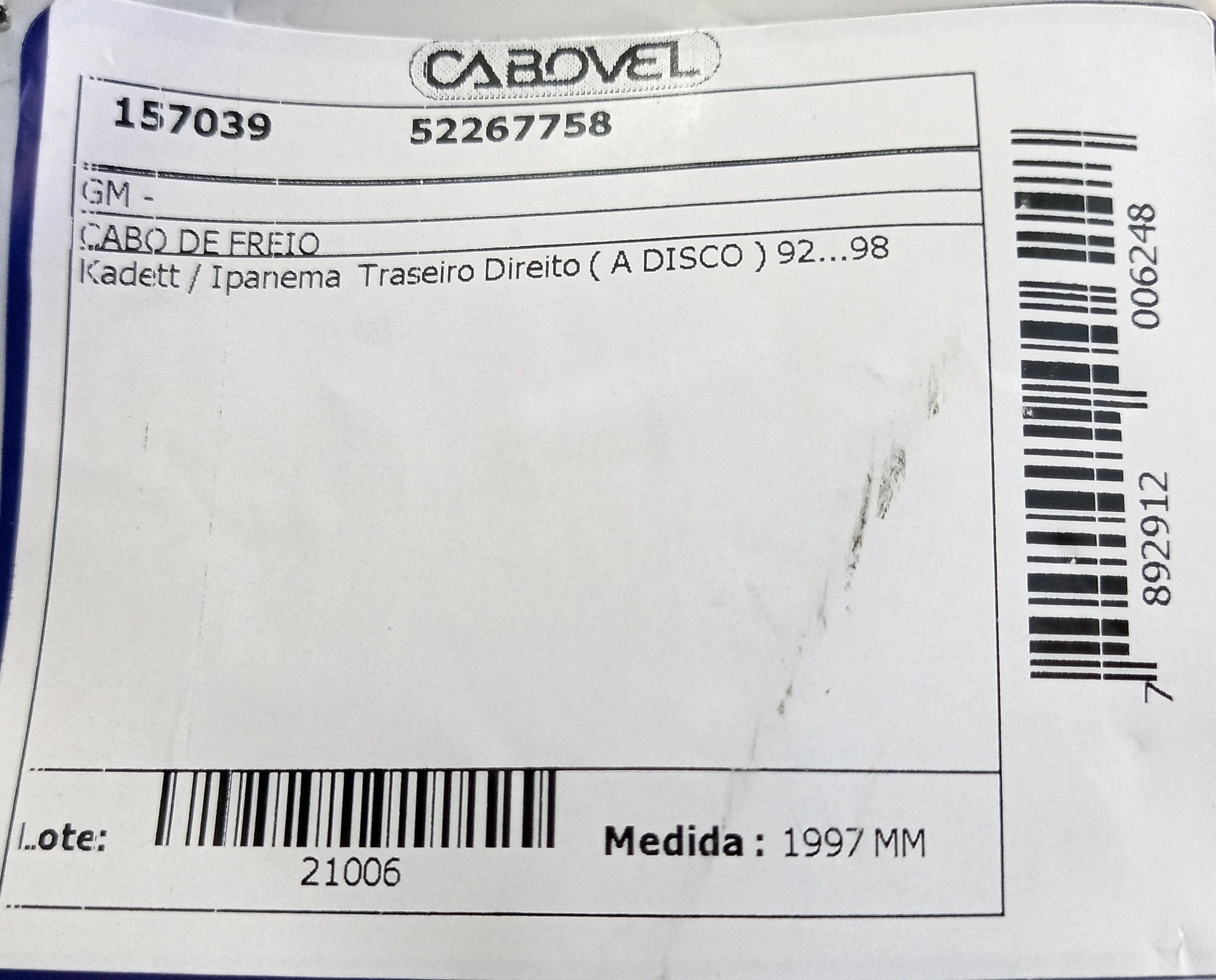 CABO FREIO TRASEIRO LADO DIREITO COM A DISCO 1997MM GM KADETT/IPANEMA 1992/1998