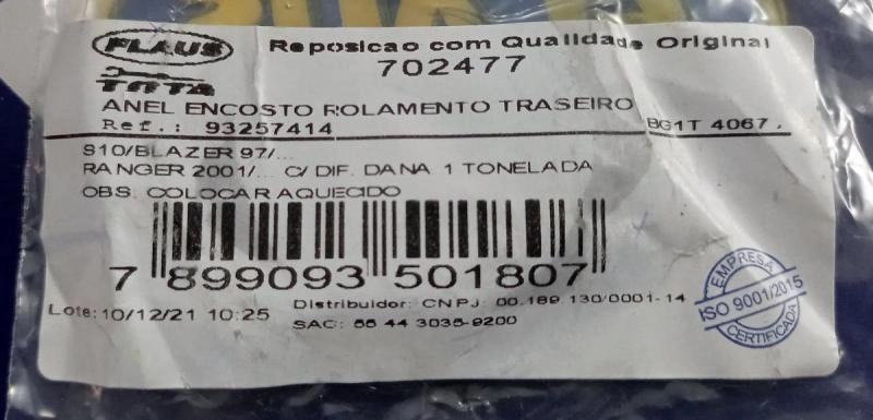 ANEL ENCOSTO ROLAMENTO SEMI EIXO TRASEIRO GM S-10/BLAZER 97/ - FORD RANGER 01/ - 13X39,5X58MM