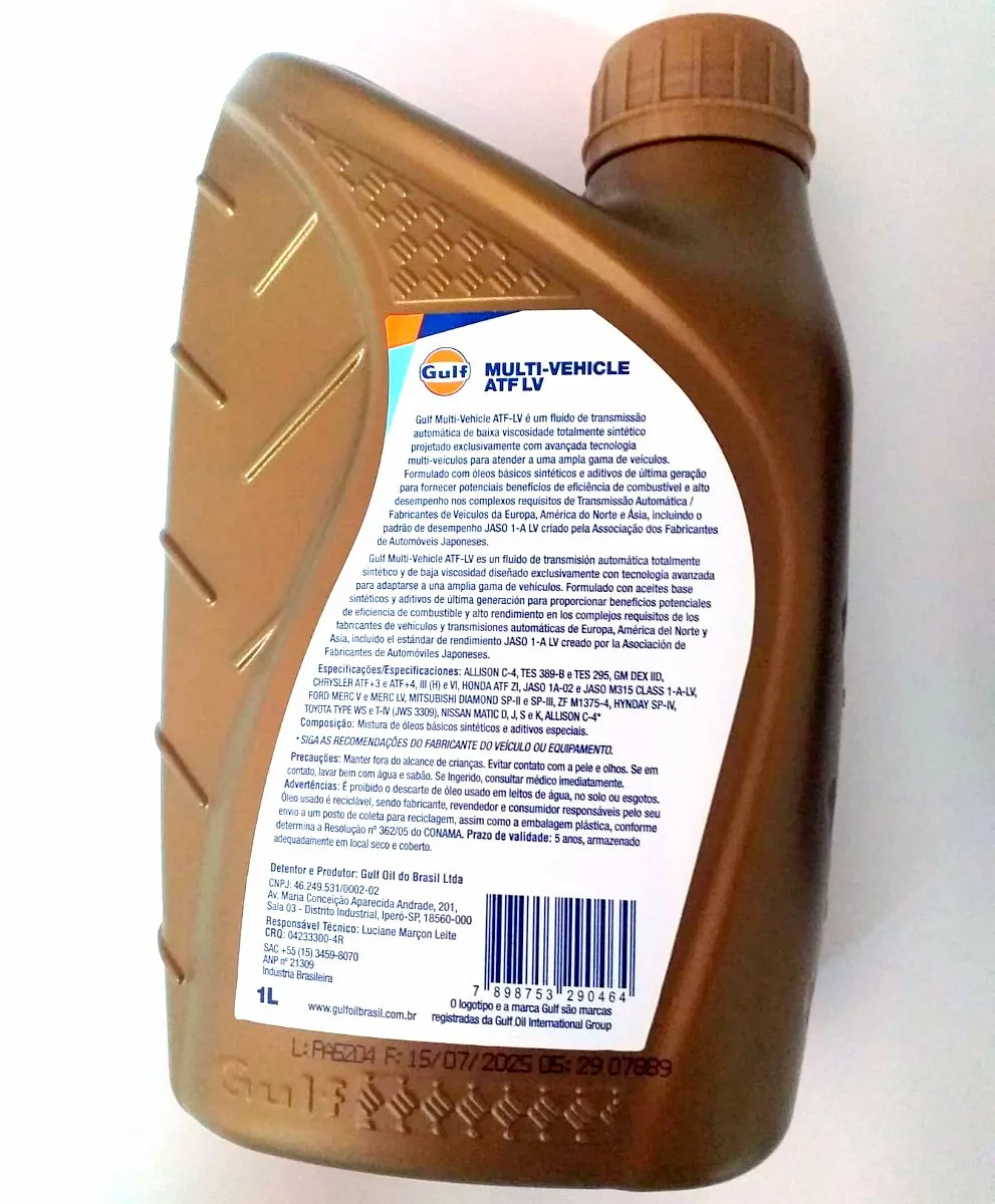 OLEO SINTETICO PARA TRANSMISSAO AUTOMÁTICA GULF MULTI VEHICLE ATF MERCON LV DEXRON VI 1 LT